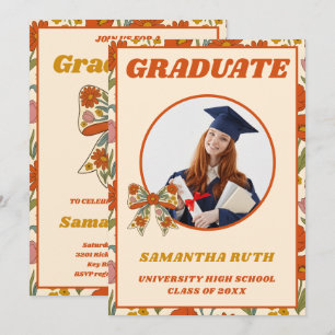Retro Wildflower Bow Graduation Party Photo Invitation