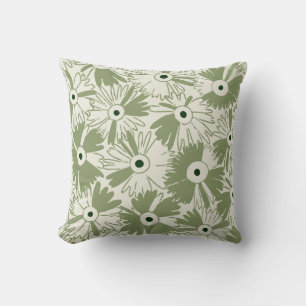Retro Wildflower & Diamond Grid Reversible Olive Throw Pillow