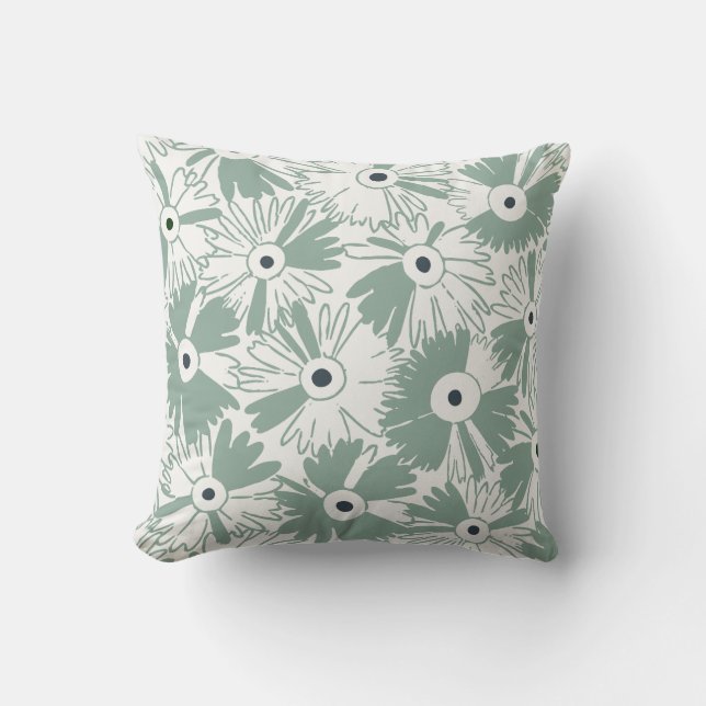 Retro Wildflower & Diamond Grid Reversible Sage Throw Pillow (Front)