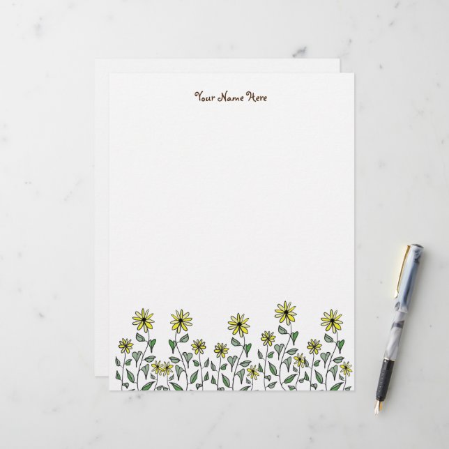 Retro Wildflower Doodle Personalized Original Art Letterhead (Front/Back In Situ)