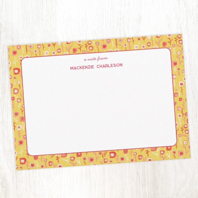 Retro Wildflower Fun Personalized Note Card (Fun retro pink and yellow flowers personalized stationery notecards)