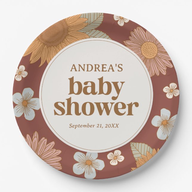 Retro Wildflower Girl Baby Shower Paper Plates (Front)