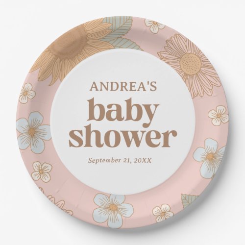 Retro Wildflower Girl Baby Shower Paper Plates