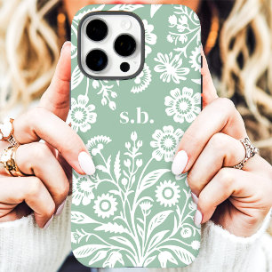 Retro Wildflower Mint Green Floral Monogram iPhone 16 Pro Max Case