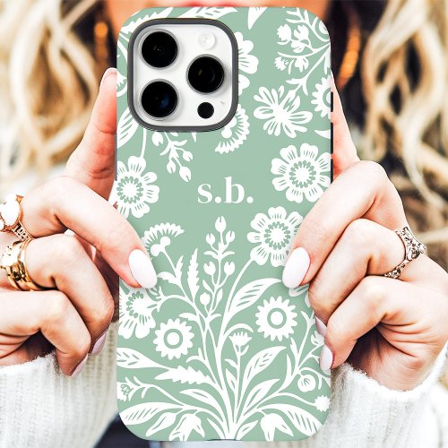 Retro Wildflower Mint Green Floral Monogram Iphone 16 Pro Max Case