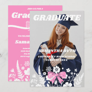 Retro Wildflower Pink Bow Graduation Party Photo Invitation