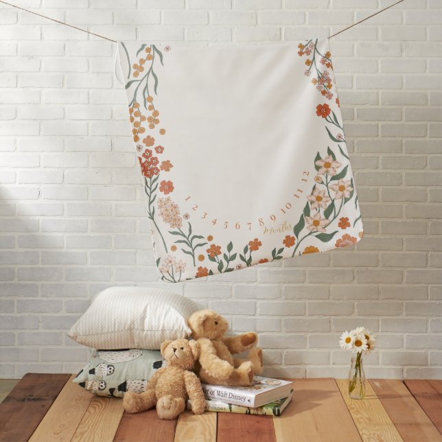 Retro Wildflowers Floral Girl Milestone Baby Blanket (In Situ)