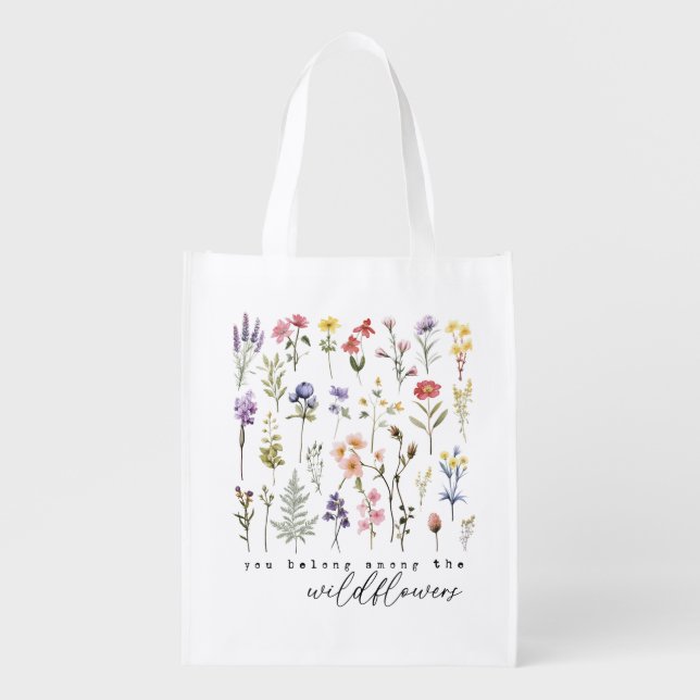 Retro Wildflowers Floral Grocery Bag (Front)
