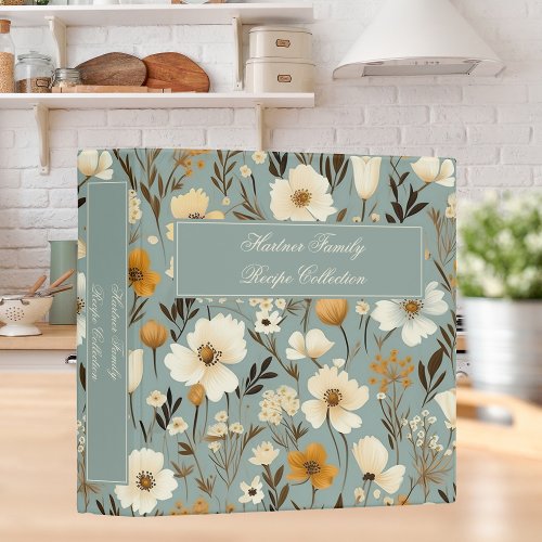 Retro Wildflowers on Dusty Blue Family Recipe 3 Ring Binder