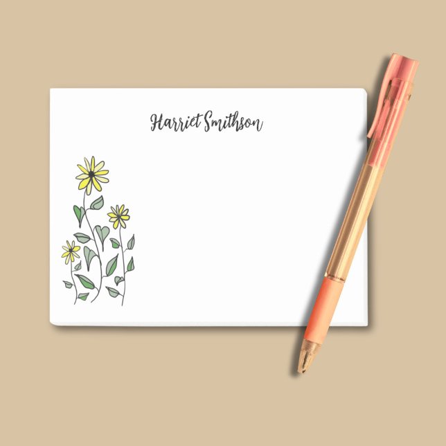 Retro Wildflowers Personalized Daisy Art Fun Boho Post-it Notes (This Post-It Notes pad features whimsical hand-drawn daisies, with personalization in chic script.)