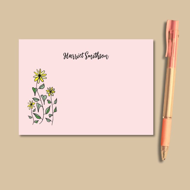 Retro Wildflowers Personalized Pink Botanical Post-it Notes (On this girly Post-It notes pad, yellow wildflowers pop against a background of soft petal pink.)
