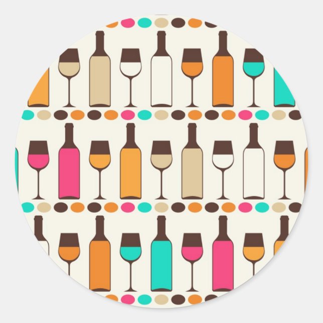 Retro wine bottles and glasses classic round sticker (Front)