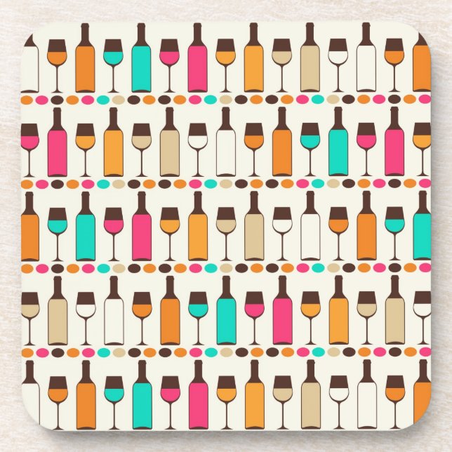 Retro wine bottles and glasses coaster (Front)
