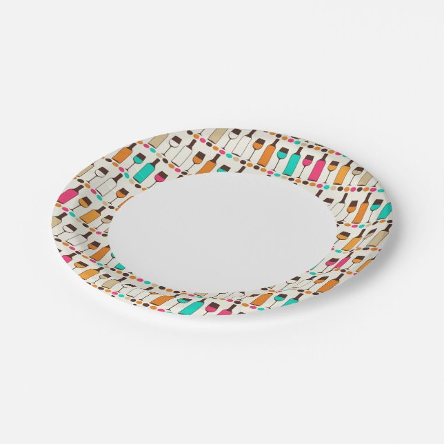 Retro wine bottles and glasses paper plates (Angled)