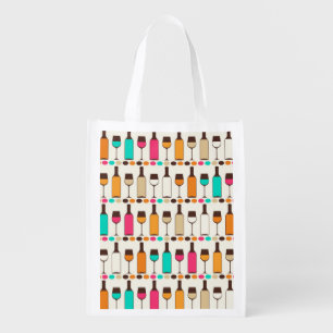 Retro wine bottles and glasses reusable grocery bag