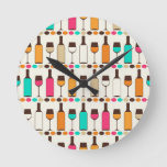 Retro wine bottles and glasses round clock