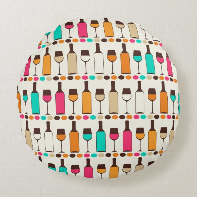 Retro wine bottles and glasses round pillow (Front)