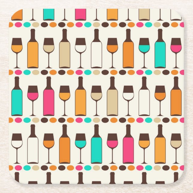 Retro wine bottles and glasses square paper coaster (Front)