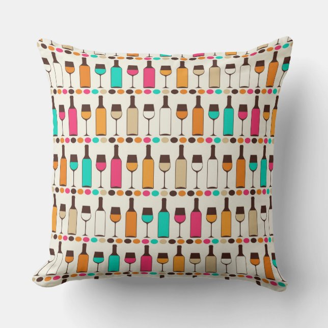 Retro wine bottles and glasses throw pillow (Front)