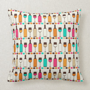 Retro wine bottles and glasses throw pillow