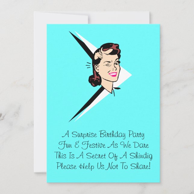 Retro Wink Surprise Turquoise w/ Rhyme Invitation (Front)