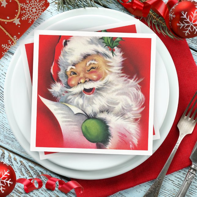 Retro Winking Santa Checking His List Napkins (Retro Winking Santa Checking His List Napkins)