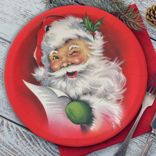 Retro Winking Santa Checking His List Paper Plates