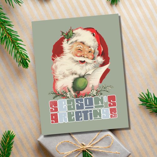 Retro Winking Santa Seasons Greeting Christmas Holiday Postcard