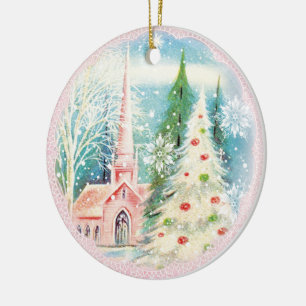 Retro Winter Church Christmas Holiday Ornament