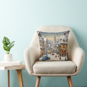 Retro Winter Cityscape Throw Pillow