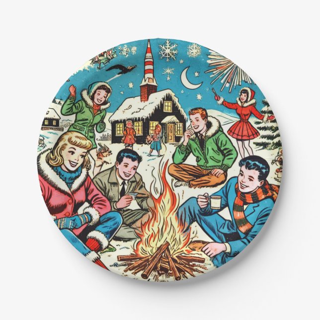 Retro Winter Comics Paper Plates (Front)