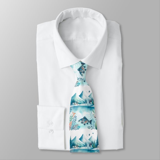 Retro Winter Fishing Pattern Neck Tie (Tied)