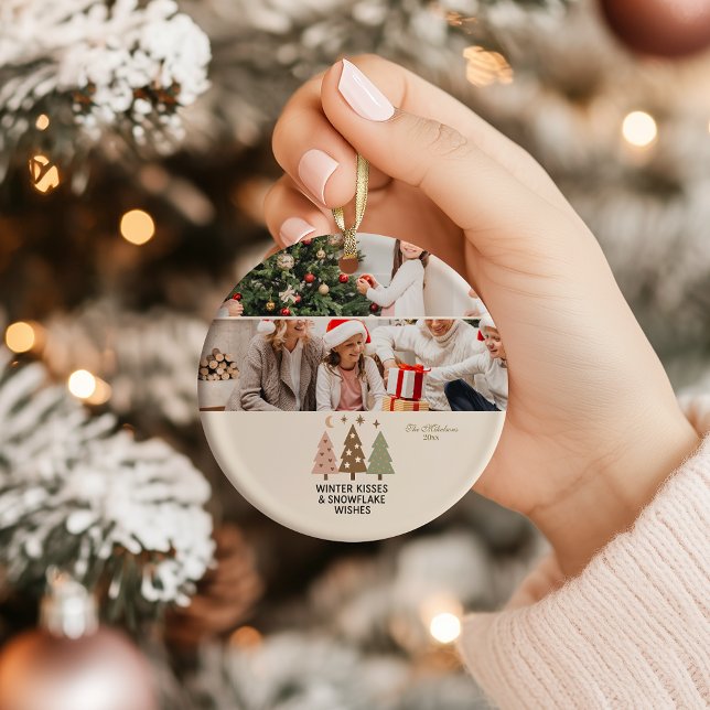 Retro Winter Kisses & Snowflake Wishes Ceramic Ornament (Creator Uploaded)