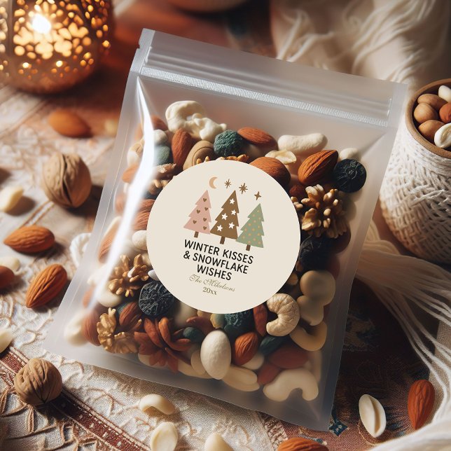 Retro Winter Kisses & Snowflake Wishes Classic Round Sticker (Creator Uploaded)