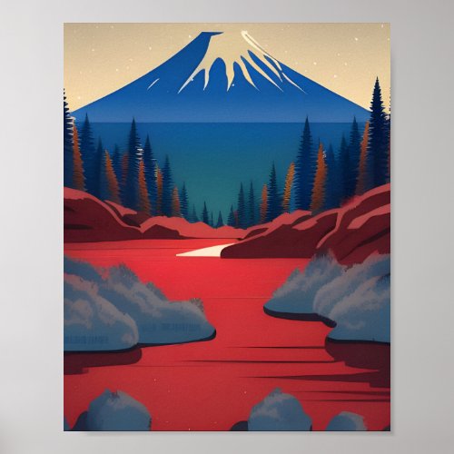 Retro Winter landscape of blue mountain with snow  Poster