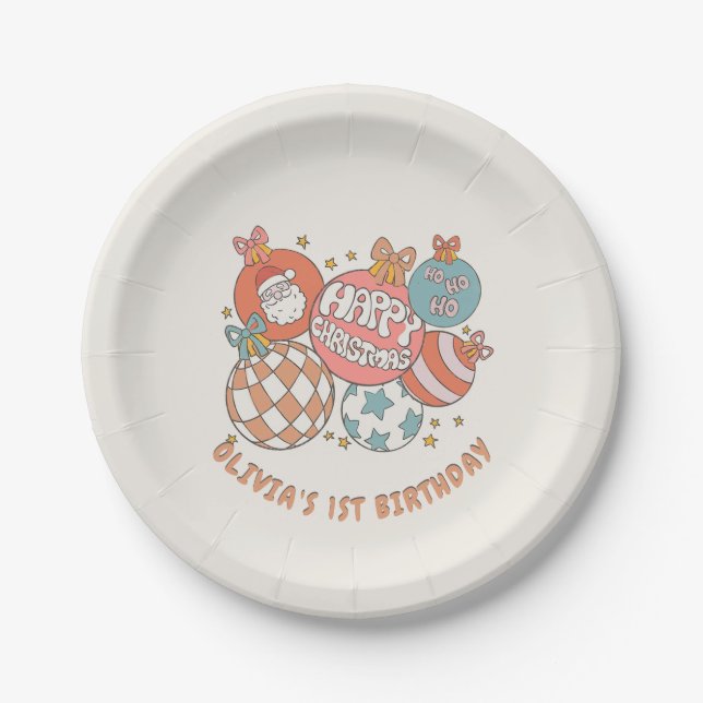Retro Winter Santa Christmas Birthday Party Paper Plates (Front)