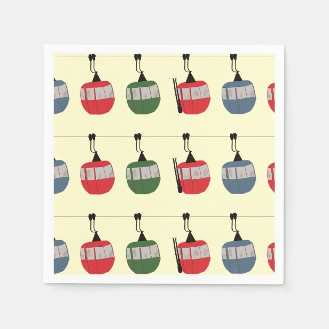 Retro Winter Ski Gondola Lift Skiers Cream Napkins (Front)