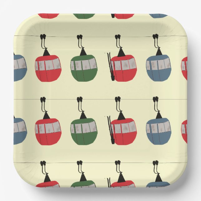 Retro Winter Ski Gondola Lift Skiers Cream Paper Plates (Front)