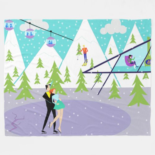 Retro Winter Ski Resort Fleece Blanket