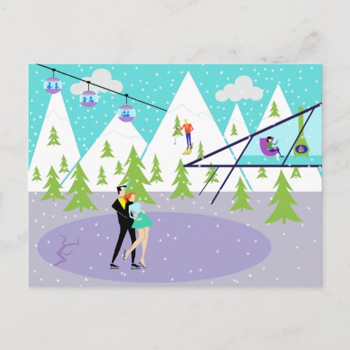 Retro Winter Ski Resort Postcard