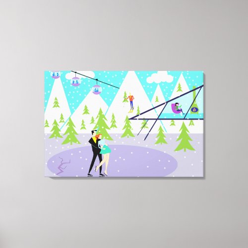 Retro Winter Ski Resort Stretched Canvas Print