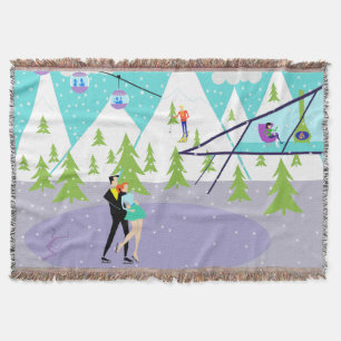Retro Winter Ski Resort Throw Blanket