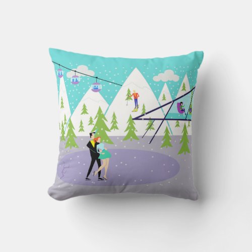 Retro Winter Ski Resort Throw Pillow