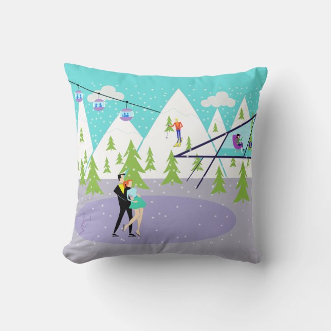 Retro Winter Ski Resort Throw Pillow (Front)