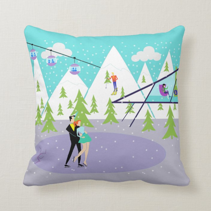 Retro Winter Ski Resort Throw Pillow