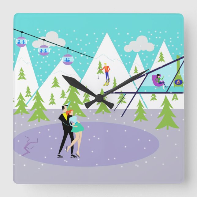 Retro Winter Ski Resort Wall Clock (Front)