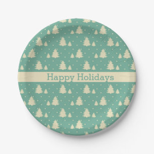 Retro Winter Trees on Turquoise With Text Band Paper Plates