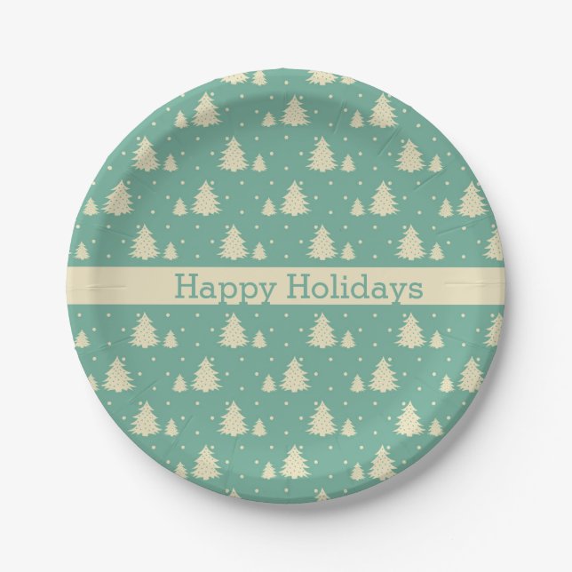 Retro Winter Trees on Turquoise With Text Band Paper Plates (Front)