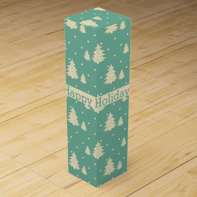 Retro Winter Trees on Turquoise With Text Band Wine Box (Front)