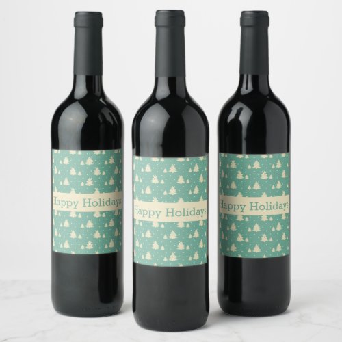 Retro Winter Trees on Turquoise With Text Band Wine Label